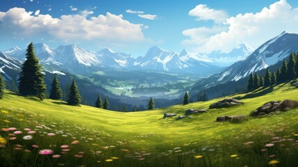 Fototapeta premium green alpine meadows grassy illustration grass scenery, summer blue, nature view green alpine meadows grassy