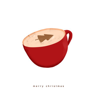 Hand Drawn Christmas Card with Red Cup of Cappuccino with Christmas Tree as a Decoration on a Coffee Surface. Lovely Winter Holidays Vector Print. Xmas Greeting Card. Merry Christmas. RGB.