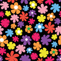 Black happy and colorful floral seamless vector pattern. Floral vector pattern. Wildflowers, daisy pattern