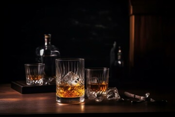 Cocktail with scotch, amaretto, ice on bar counter. Tools and copy space. Generative AI