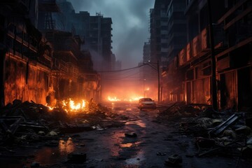 burning cars. street perspective of a burning post apocalyptic city. war torn disaster. devastated city.  - obrazy, fototapety, plakaty