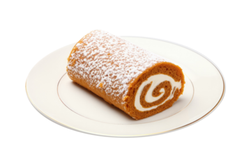 A Plate with a Slice of a Pumpkin  Roll Cake Isolated on a Transparent Background 