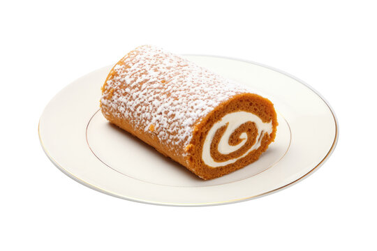 A Plate with a Slice of a Pumpkin  Roll Cake Isolated on a Transparent Background 