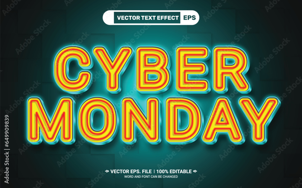 Poster cyber monday 3d editable neon light style vector text effect