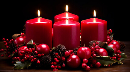 high quality stockphoto, Advent wreath with 4 burning red candles at the end of Advent. Christianity.