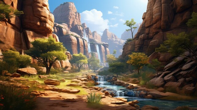 scenery canyon waterfall trail illustration scenic park, river nature, landscape green scenery canyon waterfall trail