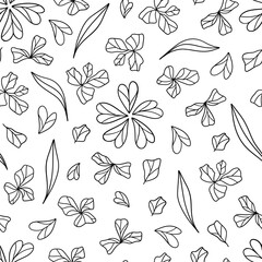 Black flowers and leaves ink style seamless pattern. Vector botany elements hand drawn on white background.