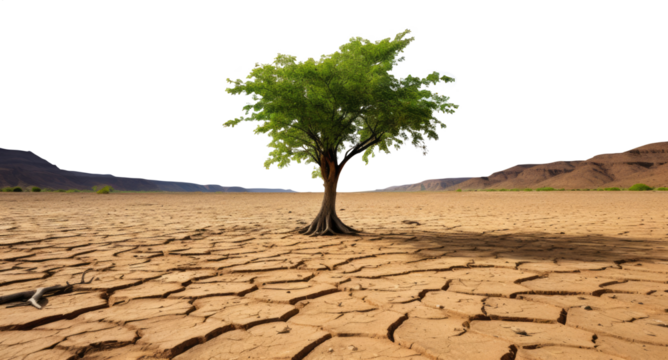 tree growing in a barren dry landscape. never loose hope concept. transparent PNG. green tree.