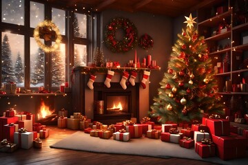 Fototapeta na wymiar 3d rendering Beautiful Christmas gift boxes on floor near fir tree in room