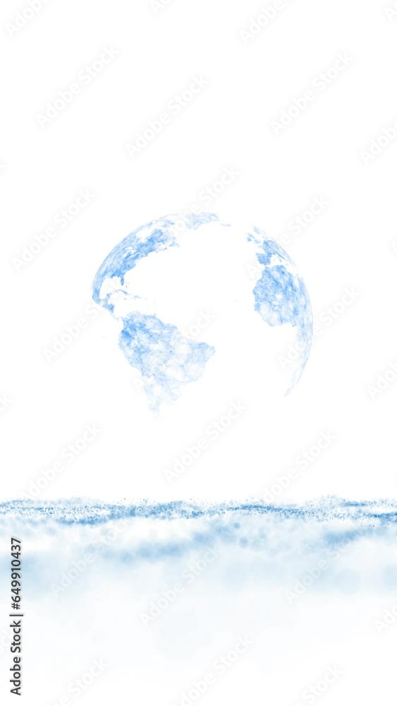 Poster digital artistic earth globe with particles rotation on white vertical background.