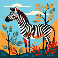 Fototapeta na wymiar Whimsical Zebra Illustration: Colorful, Minimalistic Lines with a Sleek, Stylized Design