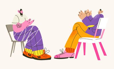 Psychological therapy cartoon retro characters dialogue. The psychologist listens to the patient, the person communicates with the therapist. Psychological help concept