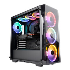 concept design of gaming workstation station custom pc computer build with glass windows and RGB led