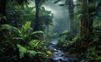 Raining in the Dark Green Forest Ai Generated