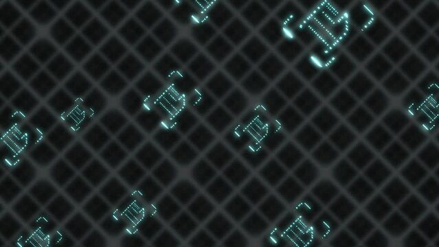 glowing icons of file or folders data moving across screen frame with blue blurred grid pattern in background. Modern digital backdrop
