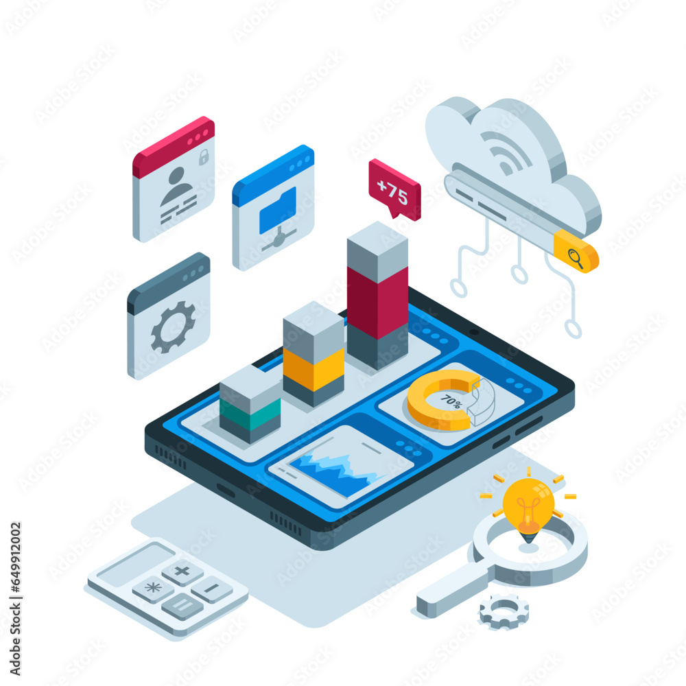Poster isometric tablet with charts on the screen, in color on a white background, digital statistics store