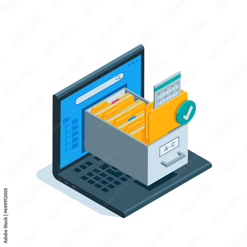 Poster isometric laptop in the form of an archive of folders, in color on a white background, digital archi