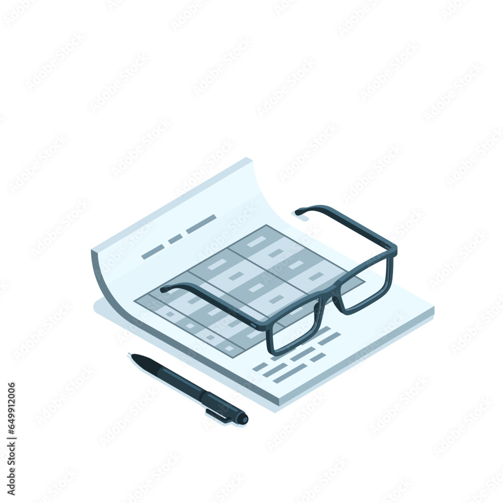 Poster isometric sheet of paper with table and glasses, in color on a white background, business attributes