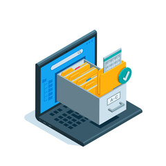 isometric laptop in the form of an archive of folders, in color on a white background, digital archive with documents and data
