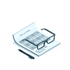 isometric sheet of paper with table and glasses, in color on a white background, business attributes or working with statistical data