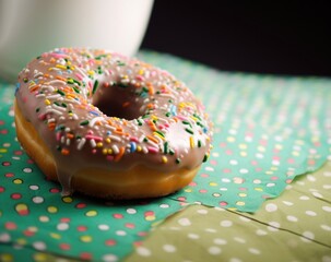 Tantalizing Chocolate Donut on Vibrant Polka Dot Tablecloth