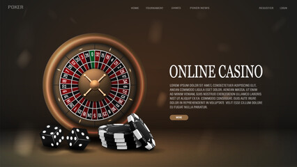 A web banner with a roulette for a casino with dice and poker chips in gold on a black background.