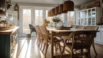 Interior design inspiration of Farmhouse Cottage style home dining room loveliness decorated with Wood and Stone material and Kitchen Island .Generative AI home interior design .