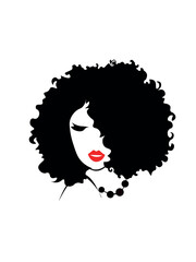 woman with hair. Beautiful sexy woman face, curly black hair style, fashion hairdresser, element design, spa salon. Beauty Logo. Vector illustration.