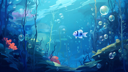 Underwater Bubbles Cartoonish Fish Artwork