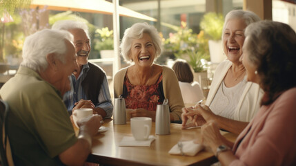 Laughter and Friendship: Elderly Friends Come Alive Over Coffee, Embodying the Vital Role of Social Bonds in Preserving Joy in Later Years. - obrazy, fototapety, plakaty