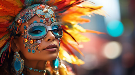 Carnival Spirit: A parade of colorful masks and costumes intertwines with modern street fashion, capturing the energy of carnival celebrations.