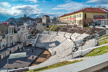 Ancient amphitheater in Plovdiv, Bulgaria. - obrazy, fototapety, plakaty