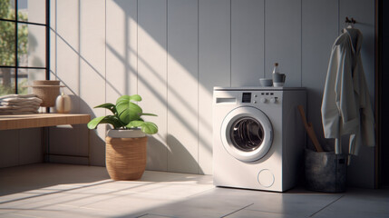 Modern Laundry Convenience: A Contemporary Laundry Room Equipped with a High-Performance Washing Machine. - obrazy, fototapety, plakaty