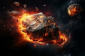 Fiery space rock on dark background. Hyper-realistic art. Generative AI