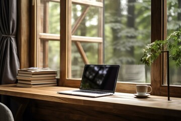 Contemporary workspace with laptop on wooden desk near window. Generative AI