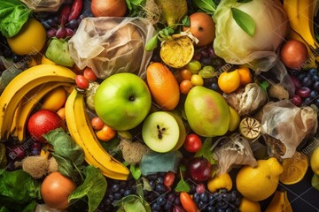 Green background, sorted kitchen garbage in eco bags, compost container, sustainable living. Fruits, vegetables, and food scraps collected in ga... Generative AI