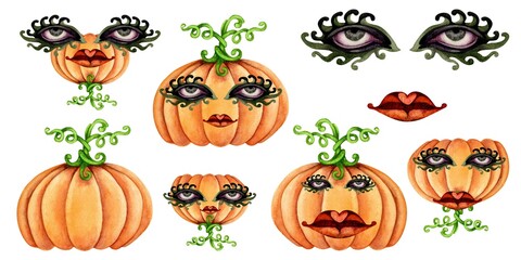 Watercolor monster pumpkins for Halloween and fantasy masks with eyes and lips