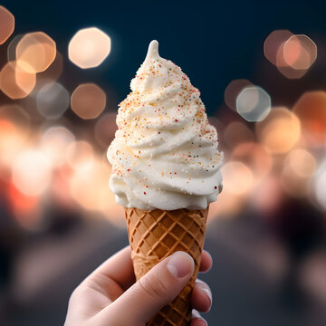 close up of a white soft ice cream with colorful sprinkles. blurry lighting. Generative AI