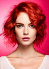 Fototapeta premium Redhead woman on a conceptual pink background for frame