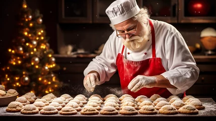 Raamstickers stockphotography, The chef makes Christmas pastries. Chef preparing bakery specialities for christmas time. Fresh prepared food. Expertise. Chef at work.  © Dirk