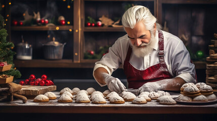 stockphotography, The chef makes Christmas pastries. Chef preparing bakery specialities for christmas time.
Fresh prepared food. Expertise. Chef at work.
 - obrazy, fototapety, plakaty