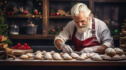Gordijnen stockphotography, The chef makes Christmas pastries. Chef preparing bakery specialities for christmas time. Fresh prepared food. Expertise. Chef at work.  © Dirk