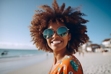 Happy laughing black woman with sunglasses on beach smiling laughing on summer holiday vacation travel lifestyle freedom fun. Generative AI - Powered by Adobe
