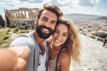 Beautiful couple taking a selfie with their smartphone in front of the akropolis, Athens, Greece. Generative AI