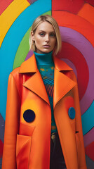 Beautiful blonde female model in colorful stylish fashion clothes. Fashionable woman wearing bold orange coat and turquise turtle neck shirt on a background of eclectic vivid colors. Generative AI. 