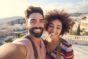 Mixed race couple taking a selfie with their smartphone in front of the akropolis, Athens, Greece. Generative AI