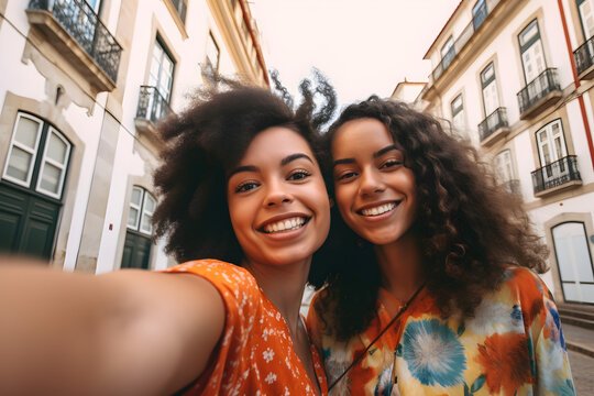 Fototapeta Two young beautiful black girls  taking a selfie with their smartphone in the streets of Lisbon, Portugal. Generative AI