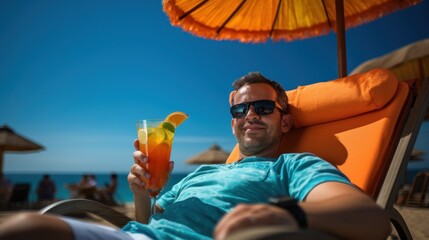 Tourist relaxing on a sun lounger sipping a tropical drink at a luxury beach resort.