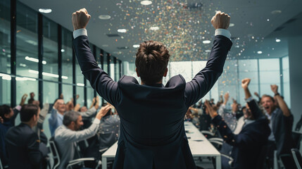 Happy businessman celebrates success with team and confetti in office, generative ai - obrazy, fototapety, plakaty