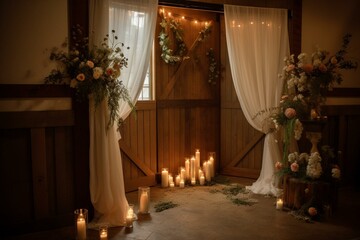 An embellished barn door with floral decorations, lit candles, a curtain, and a distant window. Generative AI